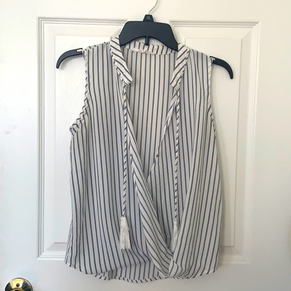 Striped Tank top shirt with front button & tassels